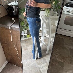 CACHE vintage flare jeans, Sz 10 Women's Blue Flare bell bottoms- Lace Detail